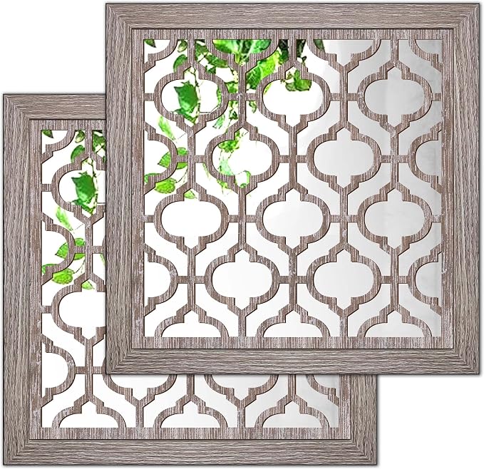 Yudarte 2pcs Set Square Moroccan Cutout Wall Mirror Decor - Farmhouse Rustic Decorative Mirrors for Bedroom Bathroom Living Room Kitchen Entryway 12x12 Inches by Yudarte