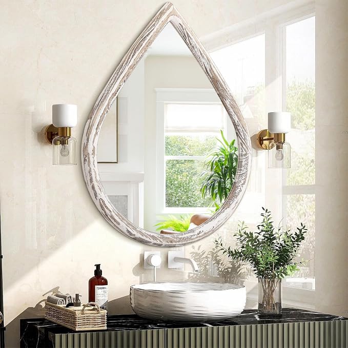 Teardrop Mirrors with Wood Frame Farmhouse Rustic White Wall Hanging Mirrors Large Decorative Mirror for Living Room Bathroom Entryway - Image 2
