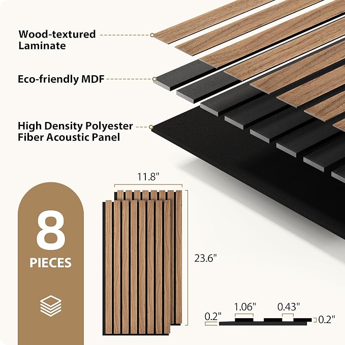 INMOZATA 8 Pack Peel and Stick Acoustic Wood Slat Wall Panels Walnut | 3D Fluted Textured, Soundproof Accent Wall Paneling for Interior Wall Decor Fireplace Living Room Bedroom Office, 11.8"x23.6" - Image 4