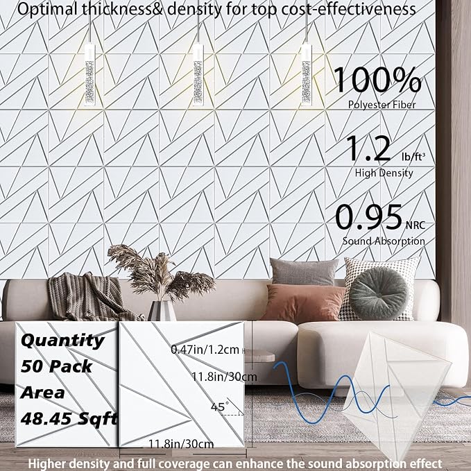 50 Pack Bulk Self-Adhesive Soundproof Wall Panels, 12 x 12 x 0.47 in Sound Proof Foam Panels for Walls, 1.2lb/ft³ High Density, Thicker 0.47in, Acoustic Panels, Duty for Large Walls White - Image 5