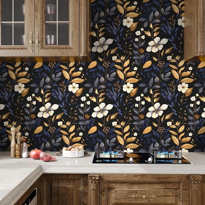 Laatse Vintage Dark Blue Gold Floral Peel and Stick Wallpaper 17.5"x118" | Self Adhesive/Removable/Waterproof/Thick Vinyl Contact Paper for Bathroom Bedroom Shelf Cabinet Drawer,Prepasted,Easy Peel - Image 5