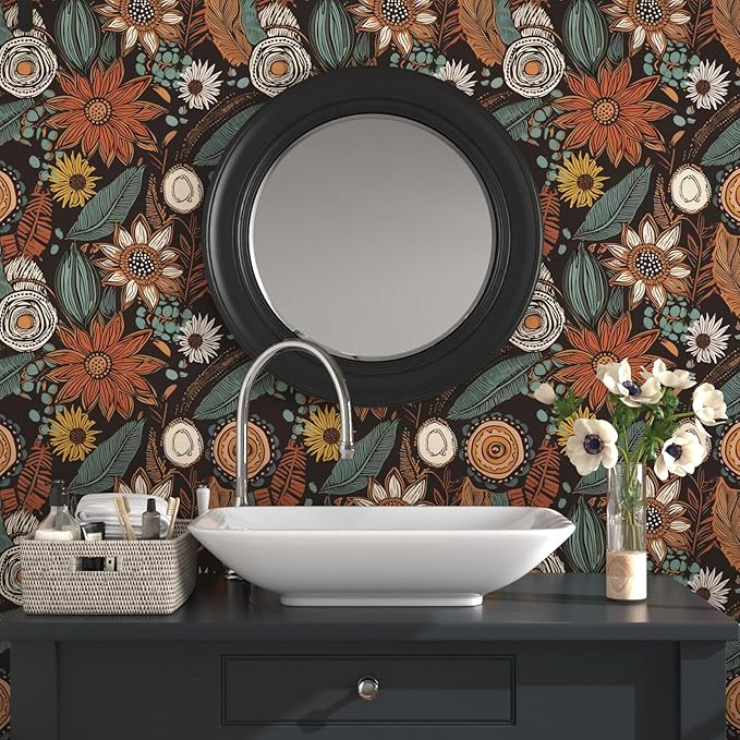 Laatse Boho Wallpaper Peel and Stick 17.5"x118",Brown Orange Contact Paper | Self Adhesive/Removable/Waterproof/Thick Vinyl Wall Paper for Bathroom Bedroom Shelf Cabinet Drawer,Prepasted,Easy Peel - Image 3