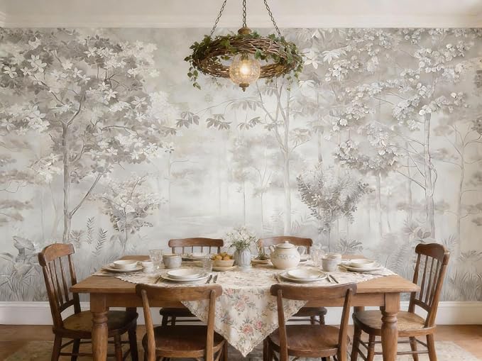 ASJ Forest Peel and Stick Wallpaper Mural, Misty Monochrome Warm Gray | Seamless edge-to-edge match. Sketch tree leaf landscape artwork, 139x94 in, premium fabric, living room bedroom. - Image 7