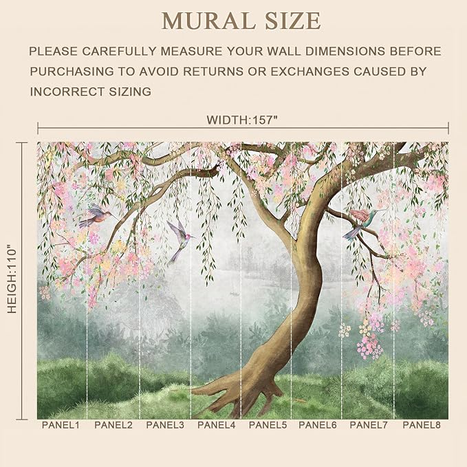 MFWFM Forest Peel and Stick Wallpaper Fantasy Forest and Bird Wall Mural | 157"x110", for Bedroom Living Room Bathroom, Self Adhesive Canvas - Image 3