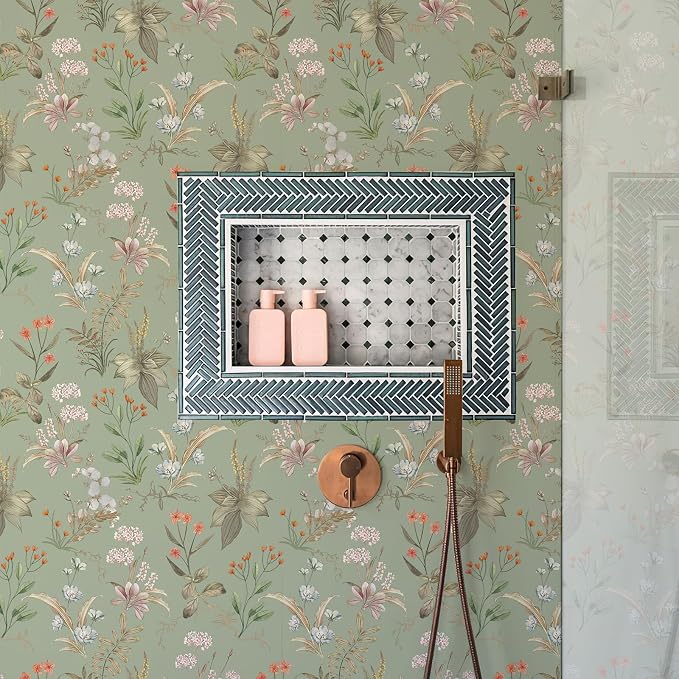 Simon&Siff Vintage Floral Peel and Stick Wallpaper 480"x17.3" | Sage Green Botanical Contact Paper, Self Adhesive Removable Wall Paper, Renter Friendly, Bedroom Cabinets DIY Decor - Image 3