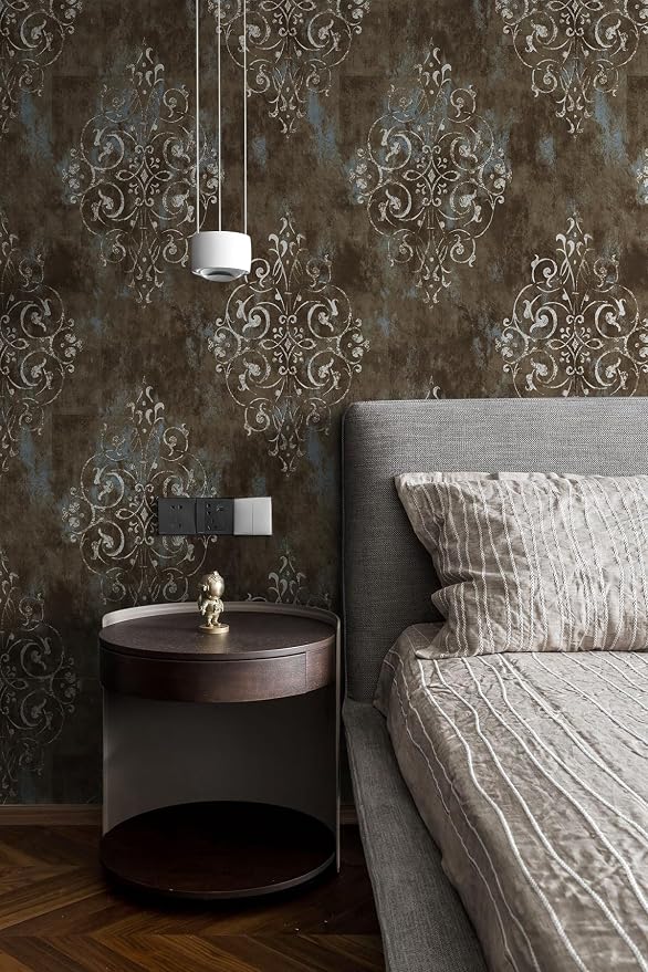 HAOKHOME Brown Wallpaper Peel and Stick Damask Vintage Victorian Bathroom | Textured Removable Retro Wall Paper Waterproof Beige Teal Traditional Victorian Farmhouse French for Bedroom 17.3in x 9.8ft - Image 3