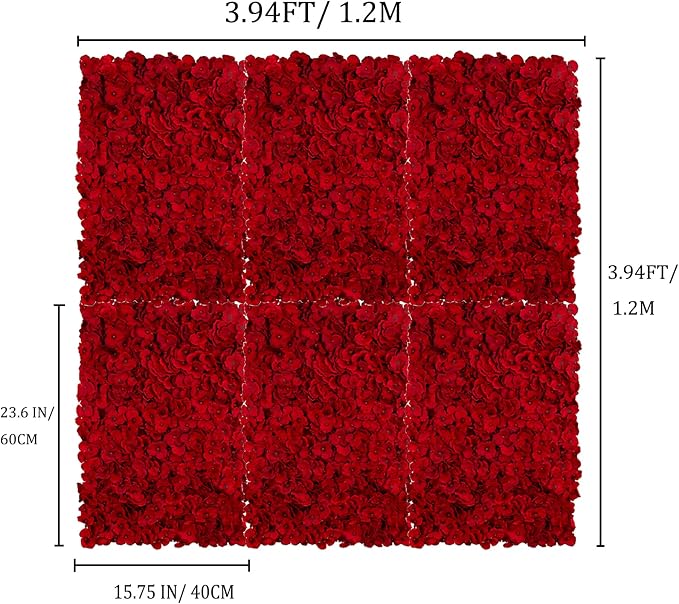 BLOSMON Red Flower Wall Backdrop for Party Decor, 6 Pcs, 24 x 16 Inches | Easy to Use, Artificial Hydrangea Floral Panels for Wedding, Bridal Shower Decorations, Fake Hanging Silk Flower Backdrop - Image 2