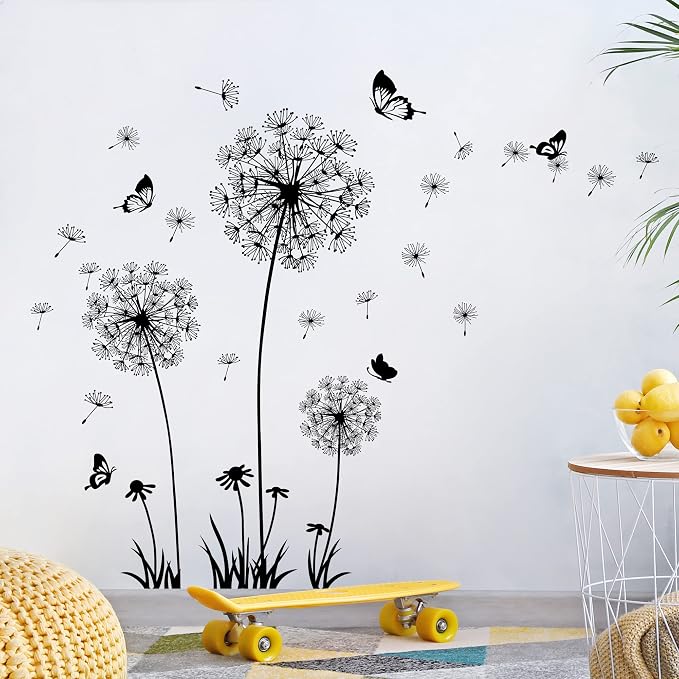 Dandelion Wall Decals Removable Flower Wall Stickers Peel and Stick Floral Butterfly Murals Party Decoration for Bedroom Living Room Sofa Backdrop TV Dandelion Wall Decor (Black) - Image 4