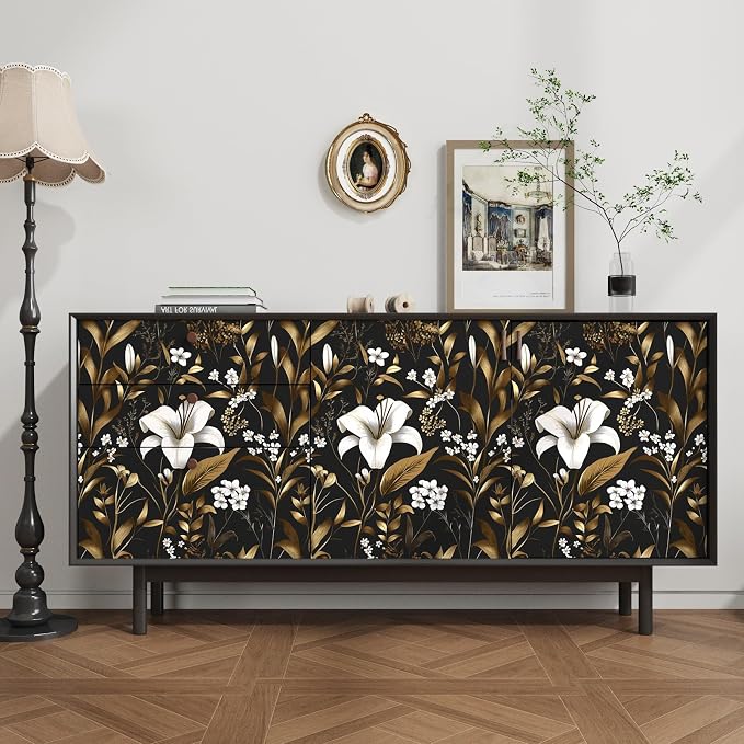 Laatse Vintage Dark Black Golden Floral Peel and Stick Wallpaper 17.5"x787" | Self Adhesive/Removable/Waterproof/Thick Vinyl Extra Long Contact Paper for Bathroom Bedroom Shelf Cabinet Drawer,Prepasted - Image 3