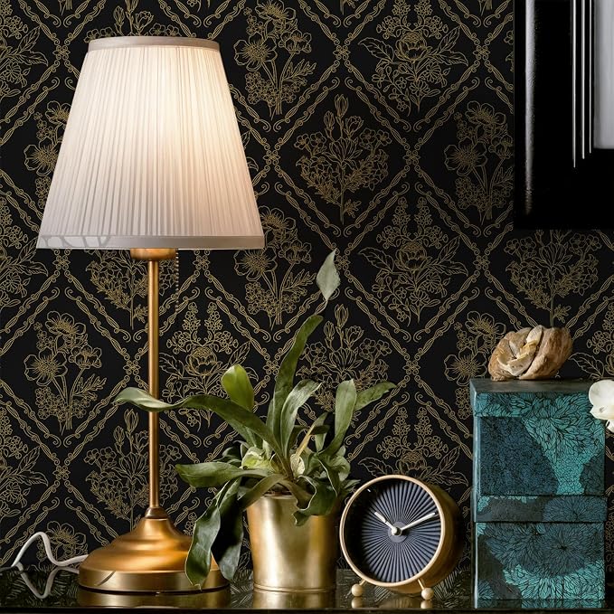 Toduso Peel and Stick Wallpaper Vintage Wall Paper Boho Contact Paper Black and Gold Floral Removable Wallpaper for Bathroom Bedroom Flower Waterproof Self Adhesive Vinyl Drawer Decor 17.3"x393.7" - Image 9