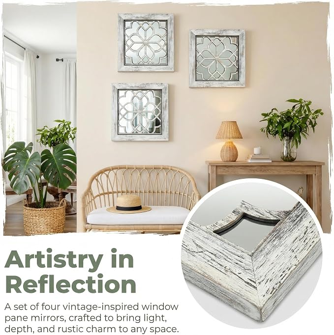 Set of 4 14 Inch Square Grey Window Pane Wall Mirrors, Shatterproof Rustic Farmhouse Boho Vintage Decorative Mirrors for Living Room Bedroom Bathroom Entryway - Image 4