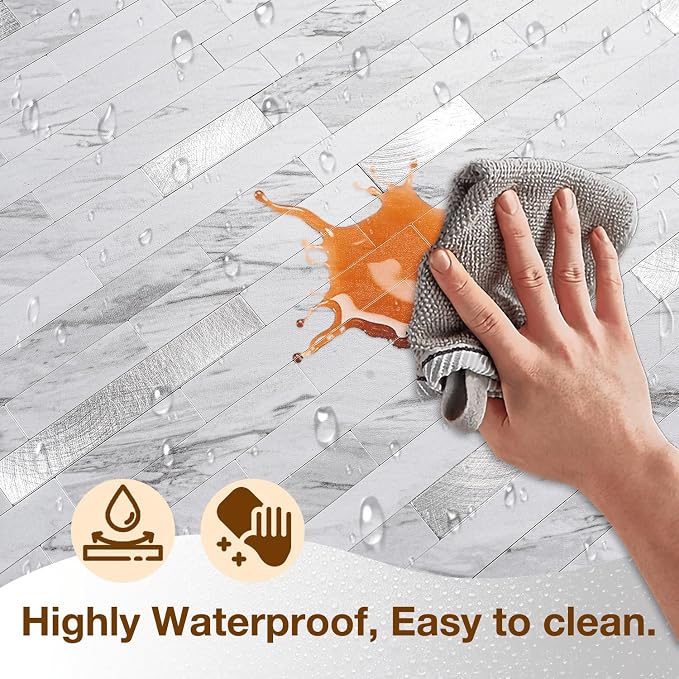 Peel and Stick Backsplash Tile Waterproof Removable PVC Wall Sticker 3D Faux Stone Marble Brick White Accent Panels (White Marble - Metal Silver, 20 Tiles - 9 sq. ft. (0.84 M²)) - Image 4