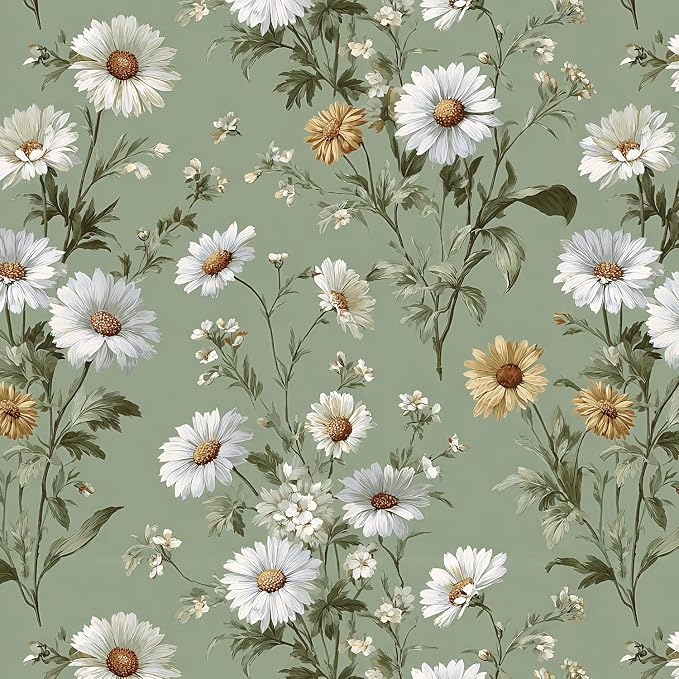 Livebor Floral Peel and Stick Wallpaper Green Wallpaper 16.9in x393.7in | Daisy Floral Contact Paper Flower Wallpaper Peel and Stick Modern Self Adhesive Removable Wall Paper for Bedroom Vinyl by LiveborDirectWallpaper