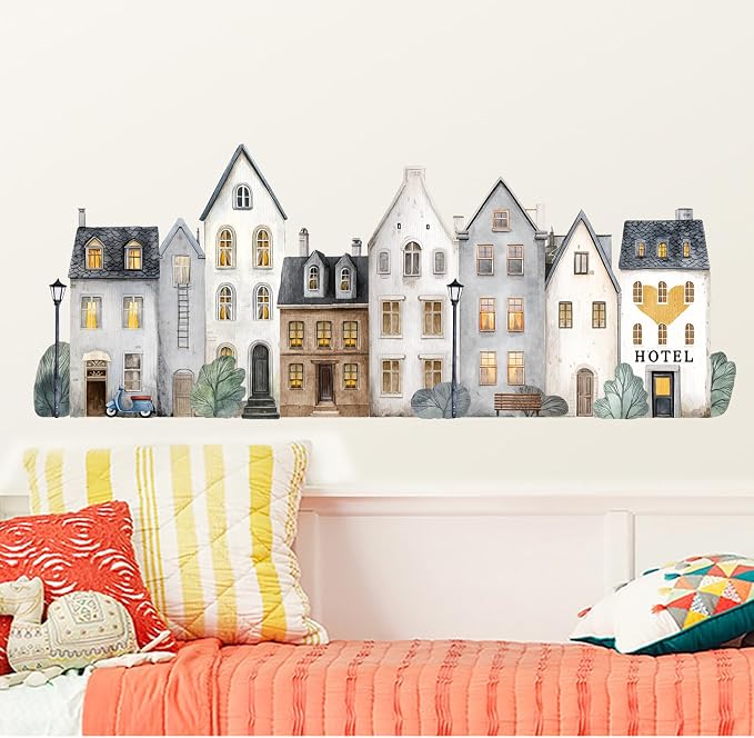 Watercolor Towns Village Wall Decal, Peel and Stick Nursery Mural Wall Stickers for Kids, Boys and Girls Room, Bedroom & Toddler Room Decor - Image 4