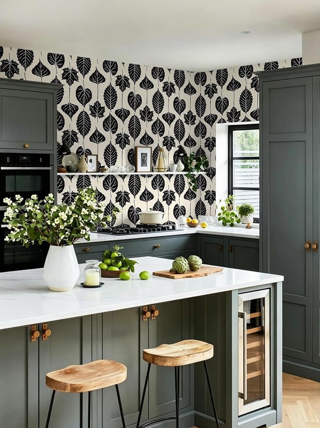Dimoon Modern Peel and Stick Wallpaper Black and Cream Leaf Contact Paper Botanical Wallpaper Vintage Renter Friendly Removable Geometric Wall Paper for Bedroom Kitchen Textured 17.3''x78.7'' - Image 4