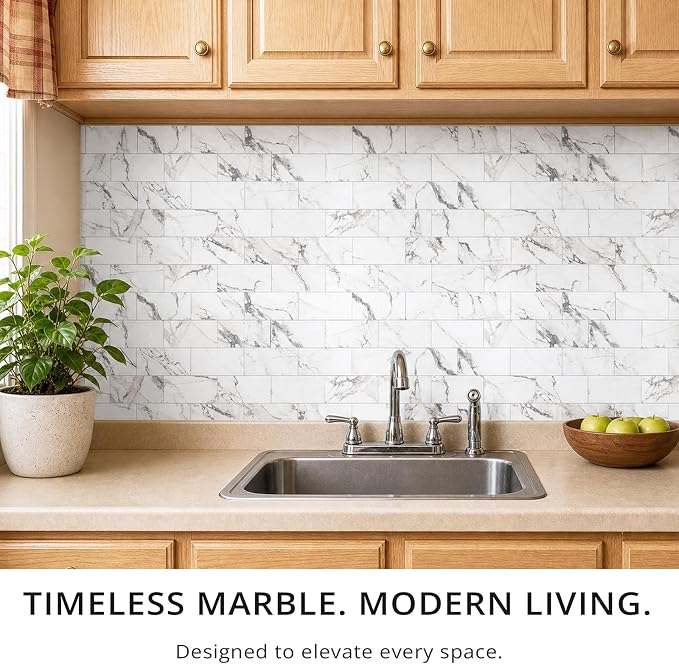 StyloVue 100 Pieces Peel and Stick Backsplash for Kitchen, 3" x 6" PVC Subway Tile, 2026 Upgraded Volakas White Marble, Stick on Wall Tile for Kitchen, Bathroom, Fireplace, RV - Image 6