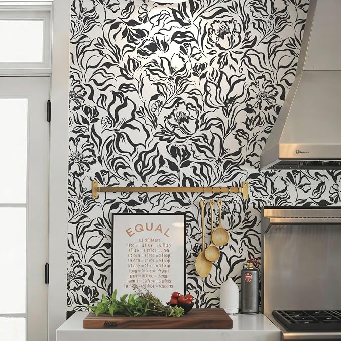 Ismoon Black and White Wallpaper Peel and Stick Floral Contact Paper 17.3in x 32.8ft Peony Flower Modern Striped Abstract Wall Paper for Bathroom Bedroom Removable Vinyl Renter Friendly by Ismoon