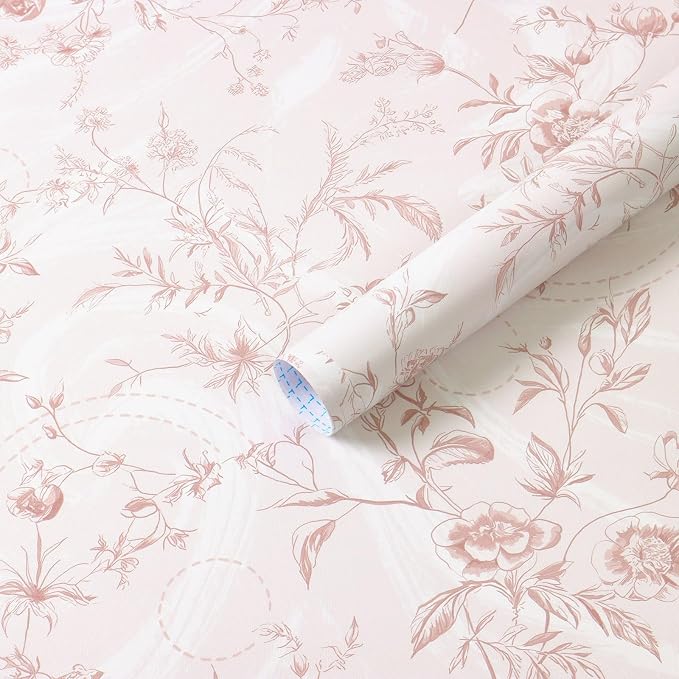 Dimoon Peel and Stick Wallpaper Pink Floral Contact Paper Pink Vintage French Renter Friendly Wallpaper 17.3''x78.7'' Textured Stick on Wall Paper for Bathroom Bedroom Cabinets Removable Vinyl Roll by DIYYOURMOON