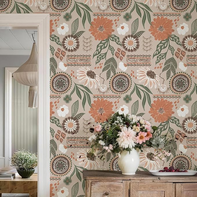 Simon&Siff Boho Sun Floral Retro Peel and Stick Wallpaper 17.3" x 1200" | Removable Waterproof Self Adhesive Contact Paper, Renter Friendly for Cabinets, Furniture, Bedroom, Bathroom, DIY Decor - Image 2