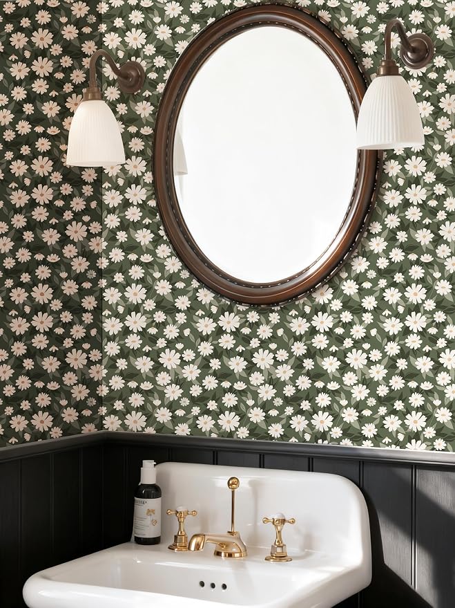 Floral Wallpaper Peel and Stick, Green Daisy Flower Removable Self Adhesive Wallpaper for Bedroom Bathroom Cabinet, 17.3‘’×78.7‘’ - Image 5