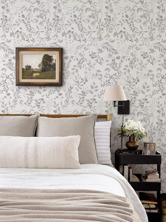 Heroad 17.3''x393'' Grey Peel and Stick Wallpaper Botanical Leaf Contact Paper Vintage Watercolor Neutral Wall Paper Self Adhesive Removable Wallpaper for Bathroom Bedroom Farmhouse Decor Vinyl Roll - Image 2