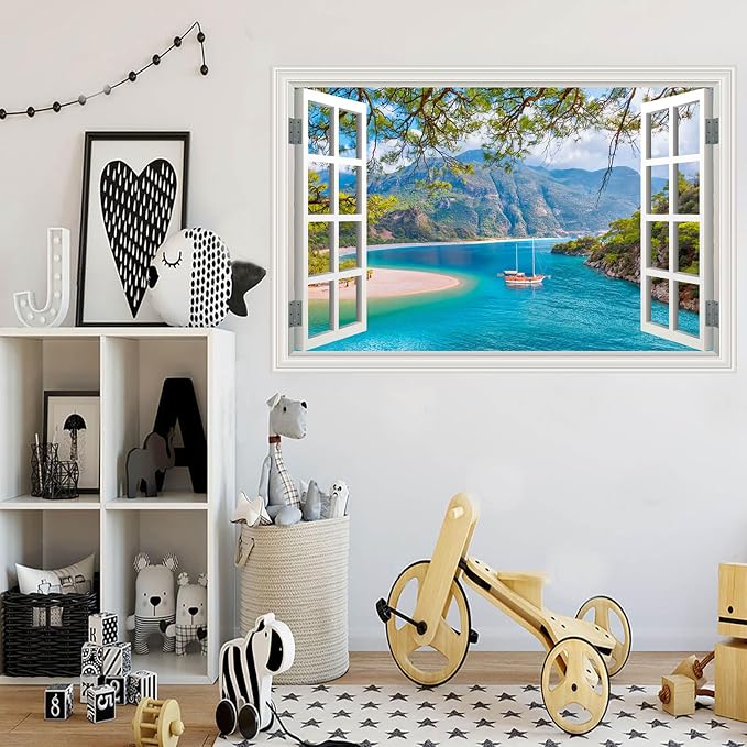 Fake Window Wall Decal- Beach Seascape Mountain Forest Open Wall Sticker | Faux Window Ocean Sailboat Natural Scenery Landscape Art Mural｜Stick and Peel Wall Decals｜for Room Office Scene Decor｜24"x16" - Image 8