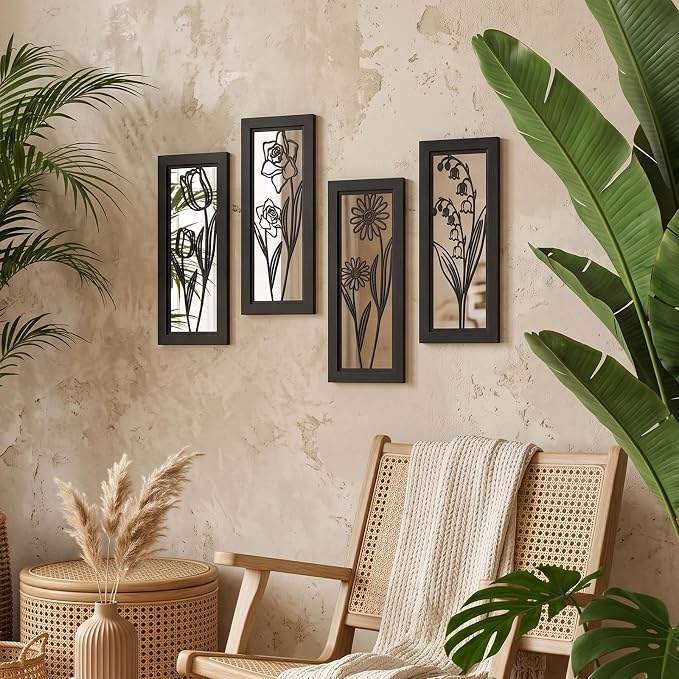 ZEXUIRU 4 Set Rustic Wall Mirrors for Bedroom Bathroom Living Room Entryway Wood Farmhouse Rectangular Easy to Hang Framed Decorative Accent Hanging Wall-Mounted Mirror Set for Living Room - Black - Image 2
