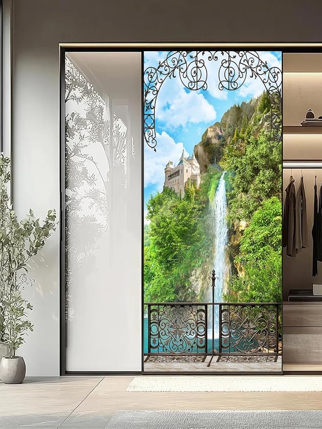 artfanke 3D Door Sticker Peel and Stick 30.3"x78.7" - Castle with Waterfall Self-Adhesive Door Murals Wallpaper Decal for Home Decor (2 Sheets/Set) - Image 6