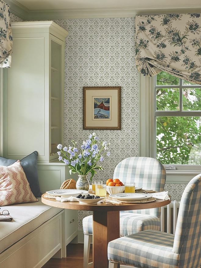 Dimoon Green Peel and Stick Wallpaper Floral Contact Paper Village Vintage Summer Cute Farmhouse Cottage Wall Paper Country Renter Friendly Geometry Waterproof Moody Bathroom Kitchen 197"x17.3" - Image 5
