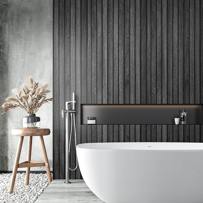 VEELIKE Charcoal Black Wood Slat Peel and Stick Wallpaper 24''x118'' Modern Wood Panel Look Contact Paper Waterproof Self Adhesive Slat Vinyl Wall Covering for Living Room Bedroom Office Accent Walls - Image 5