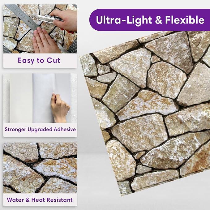 3D Peel and Stick Faux Stone Wall Panels 11.8" x 11.8" 10-Pack | Washed Yellow Brown, Stone-Look Textured Wall Sticker, Thin PVC Self Adhesive Wall Tiles for Interior Decor, Cover 9.7 sq ft - Image 5
