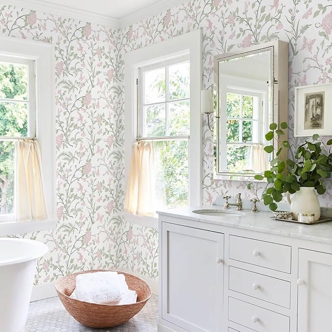 Pink Floral Wallpaper Pink and Green Wallpaper for Nursery Bedroom 78.7"×17.3" Botanical Bird Butterfly Peel and Stick Wall Paper Boho Contact Paper for Cabinets Renter Friendly Self-Adhesive - Image 6