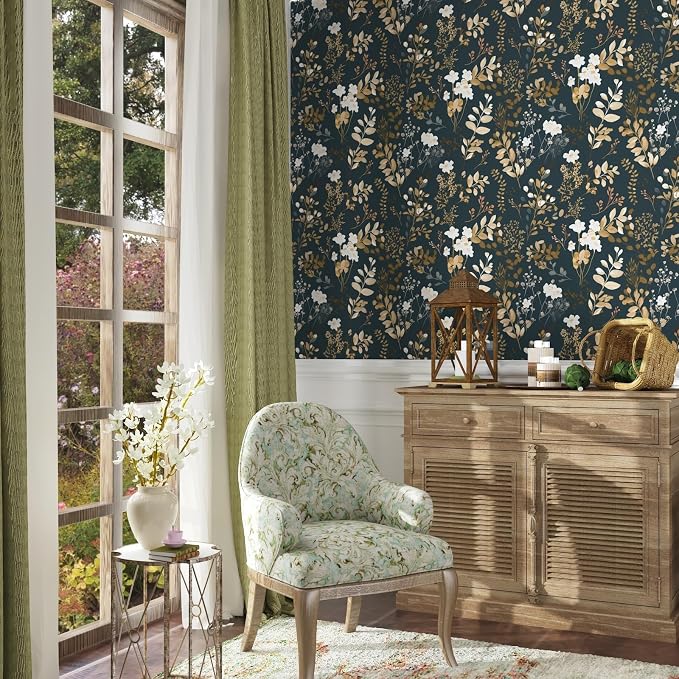 Laatse Vintage Dark Navy Gold Floral Peel and Stick Wallpaper 17.5"x197" | Self Adhesive/Removable/Waterproof/Thick Vinyl Contact Paper for Bathroom Bedroom Shelf Cabinet Drawer,Prepasted,Easy Peel - Image 2