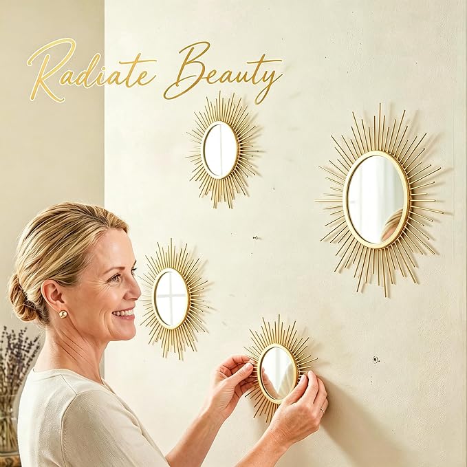 4 Pieces Gold Sunburst Wall Mirror Set Modern Metal Circles for Home Decor - Image 4