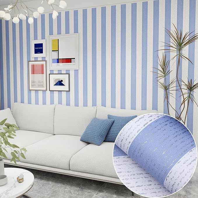 Blue Stripe Peel and Stick Wallpaper A Set of 15.7" x 1181" Blue and White Self-Adhesive Wallpaper Removable Waterproof Contact Paper for Cabinets,Bedroom,Nursery,Accent Wall by Biyoeepeelstickwallpaper