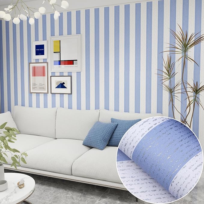 Blue Stripe Peel and Stick Wallpaper 15.7" x 118" Blue and White Self-Adhesive Wallpaper Removable Waterproof Contact Paper for Cabinets,Bedroom,Nursery,Accent Wall by Biyoeepeelstickwallpaper