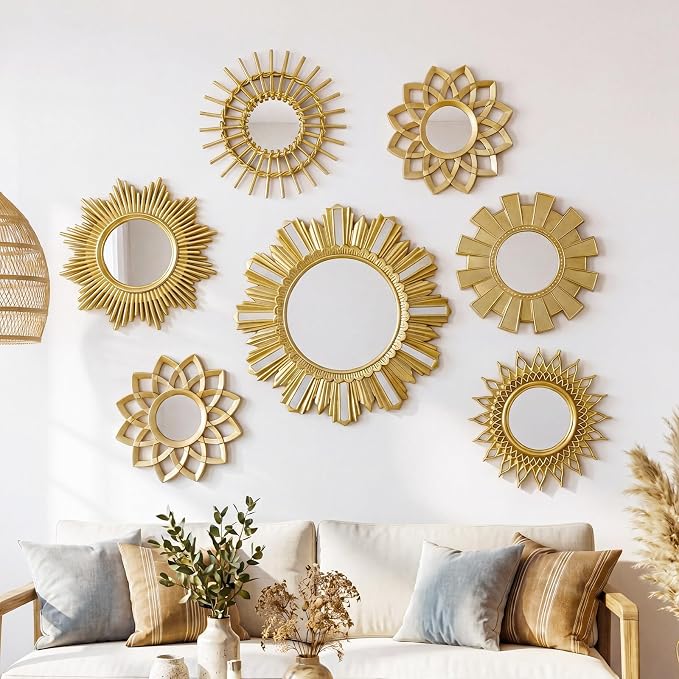 Gerrii 7 Pcs Gold Sunburst Mirror for Wall Decorative Gold Mirrors for Wall Decor Vintage Mirror Sets Hanging Round Decorative Mirrors Accessories for Art Entryway Living Room Home Decor Art Gifts by Gerrii