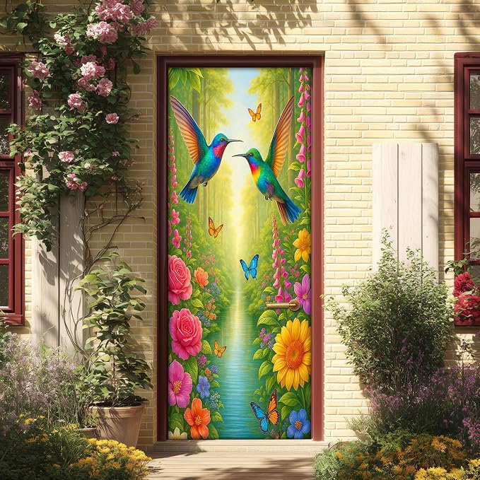 HOMETITUTE Hummingbird Flower Forest Nature Peel Stick Door 30.3x78.7 PVC | Wall Cover Poster Decals Removable Wallpaper Self Adhesive Livingroom Bedroom - Flower Forest by HOMETITUTE