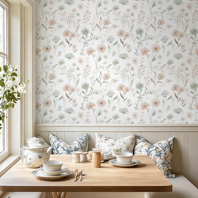 Ismoon Floral Peel and Stick Wallpaper Boho Wallpaper 17.3in x 16.4ft Pink and Green Contact Paper Watercolor Flower Removable Wall Paper for Bedroom Nursery Kitchen Girls Room Vinyl - Image 7