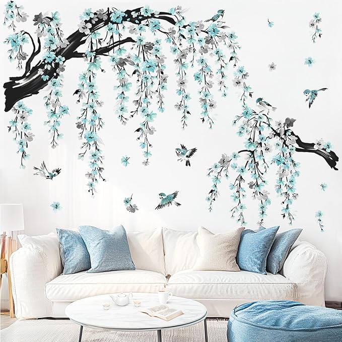 wondever Blue Flower Branch Wall Decals Blossom Tree Branches Wall Stickers | Peel and Stick, Removable, Wall Art Decals, Wall Decoration, Living Room Bedroom, Office Sofa TV Home Wall Decor by wondever