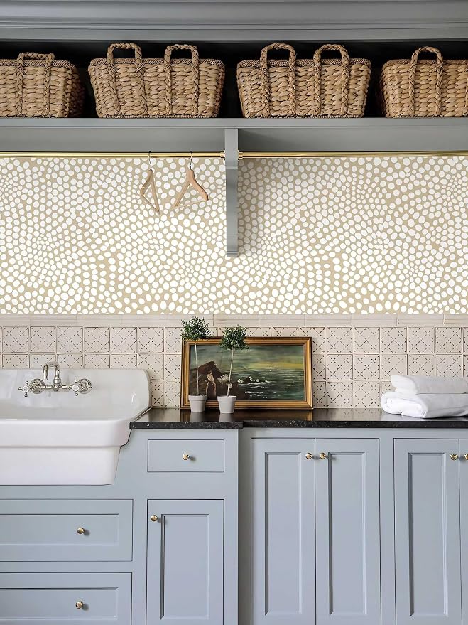 Moire Dots,Modern Dotted Wallpaper, Bohemian Contact,Modern Dotted Neutral (Beige & White) Peel and Stick Wallpaper for Home Decor | 17.7" x 236", Self-Adhesive, Waterproof Vinyl - Image 6
