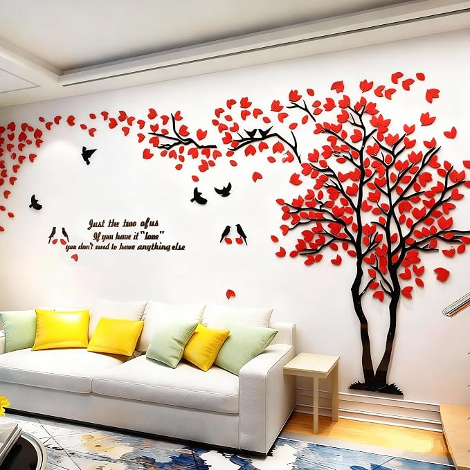 Family Tree Wall Decor Decals - DIY 3D Tree of Life Wall Art Large Decal Stickers Silver Decor Living Room Mural for Bedroom Hallway Home TV Background (Red Right,XL-158X79in) - Image 2