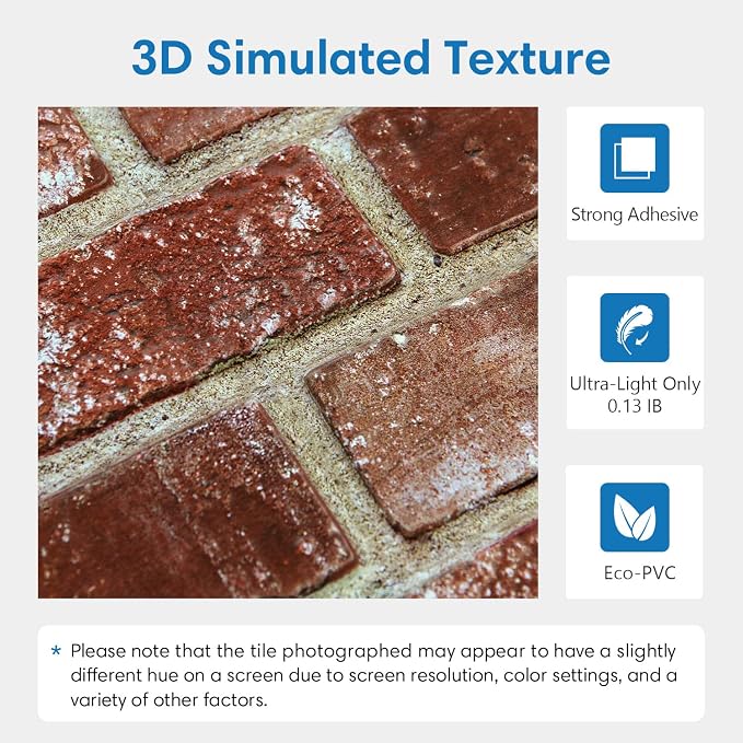 COMSTICKC 3D Faux Brick Wall Panels Peel and Stick, 10 Pcs 11.8" x 11.8" | Red, Not Real Brick, Small Size, Ultra-Light Thin PVC Sticker, Fake Brick Decorative Tiles for DIY Decor, Cover 9.7 sq ft - Image 3