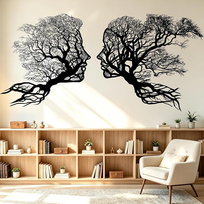 Black Silhouette Face Tree of Life Couple Boho Wall Decals Decor Stickers | Man woman human face peel and stick removable vinyl abstract wall art mural decoration for bedroom living room office - Image 3