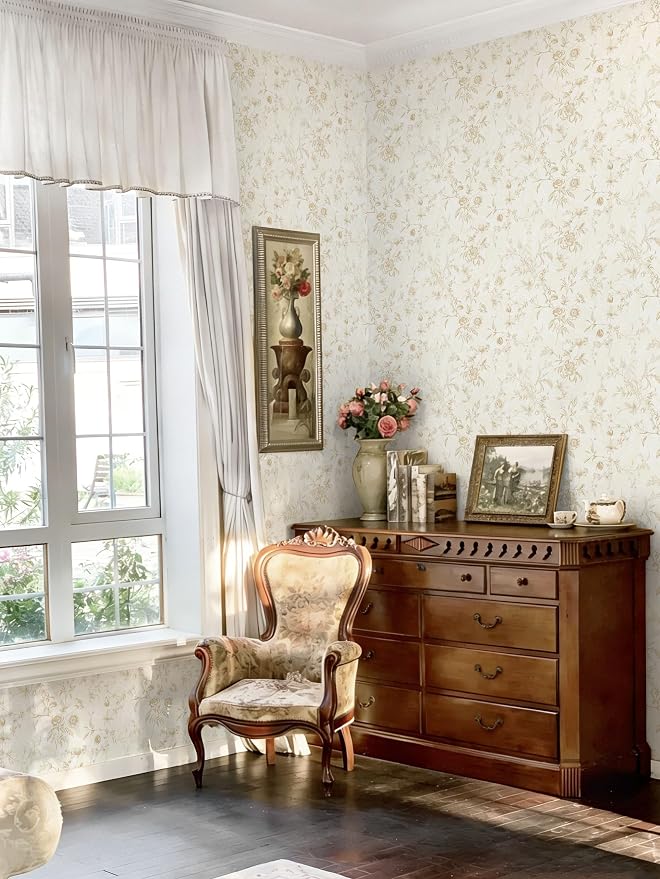 Dimoon Floral Wallpaper Peel and Stick Beige Contact Paper Vintage Neutral Wallpaper 17.3inx394in Removable Self-Adhesive Stick on Wall Paper Waterproof for Bathroom Wall Decor Vinyl - Image 3