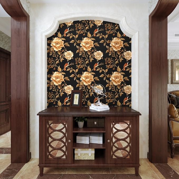 Laatse Dark Floral Bird Wallpaper Peel and Stick 17.5"x 393",Black/Golden | Self Adhesive/Removable/Waterproof/Thick Vinyl Contact Paper for Bathroom Bedroom Shelf Cabinet Drawer,Prepasted,Easy Peel - Image 3