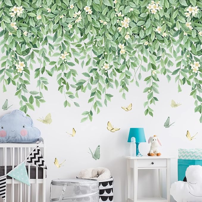 White Flowers Wall Decals Hanging Green Leaves Wall Stickers Butterflies Plants DIY Art Mural Decortions for Kids Baby Girls Bedroom Living Room Offices Nursery Classroom Closet Ceiling Vertex Line (A) - Image 6