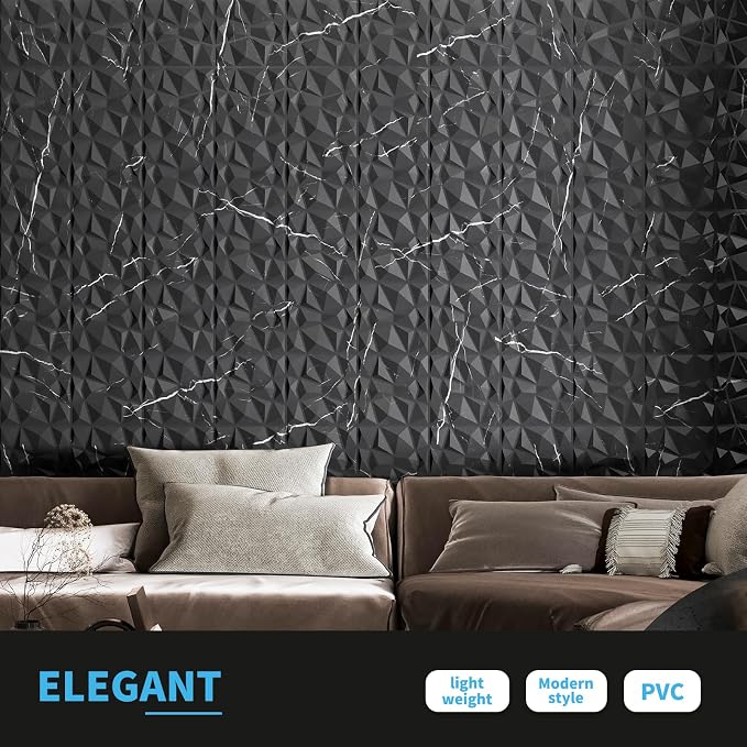 Art3d A10315BM 3D Diamond Design Paneling for Interior Decor, Living Room, TV Wall Background, Bedroom, Gaming Setup, 11.8" x 11.8", Black Marble, 33 Pack - Image 4