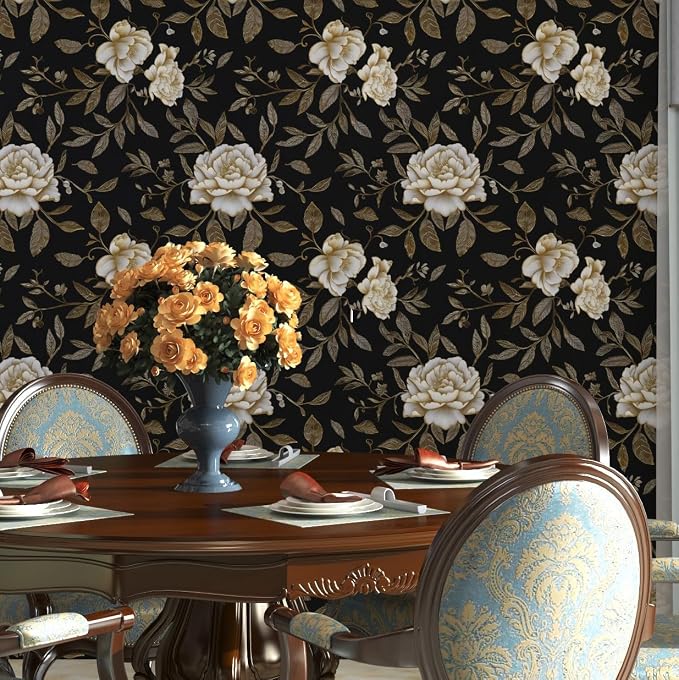 Laatse Dark Golden White Peony Floral Wallpaper Peel and Stick 17.5"x393" | Self Adhesive/Removable/Waterproof/Thick Vinyl Contact Paper for Bathroom Bedroom Shelf Cabinet Drawer,Prepasted,Easy Peel - Image 8