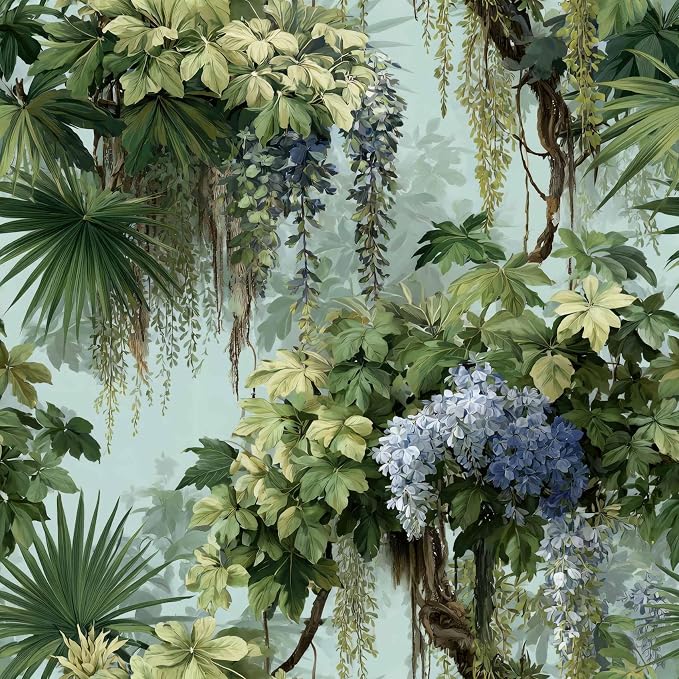 Vintage Wisteria Palm Botanical Peel and Stick Wallpaper | Soft pale backdrop wisteria and palm vine print, Removable waterproof vinyl wall covering, bedroom accent wall decor by Unknown